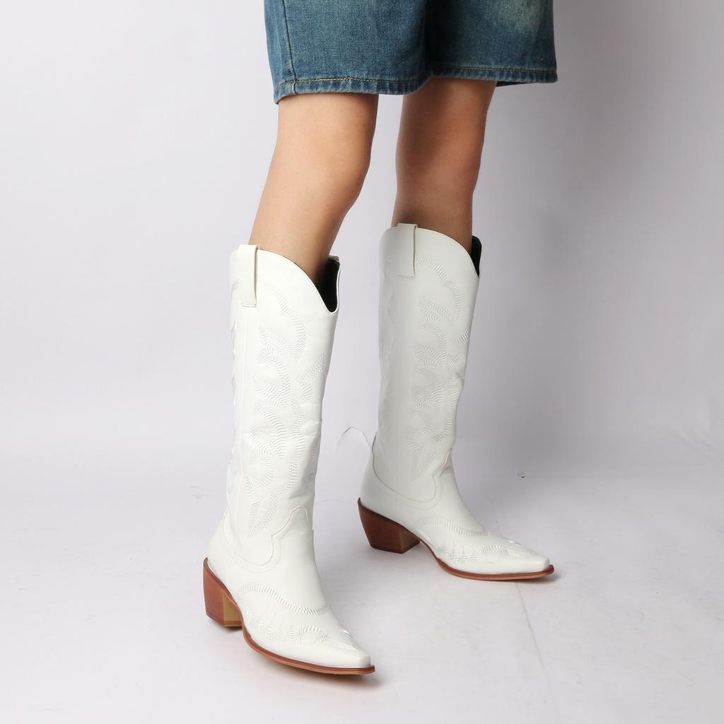 FOREADA Women Knee High Cowgirl Long Boots Pointed Toe Chunky High Heels Embroidery Wester Gogo Boots Ladies Fashion Shoes Winter 43