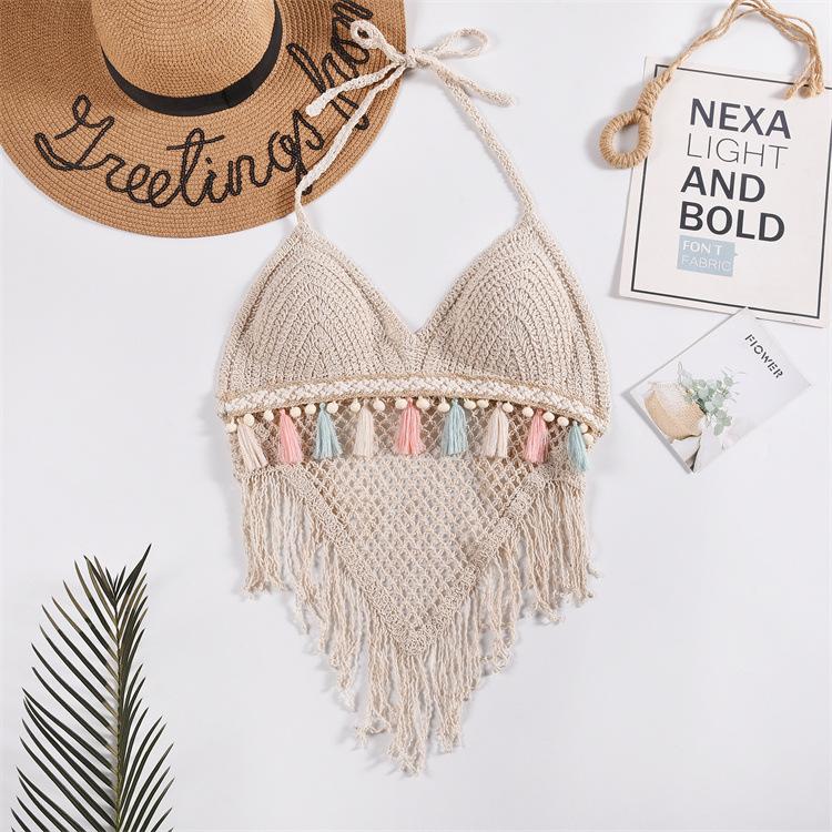 Lace-up Neck Small Vest, Sling Women's Summer Short Style with Chest Pad Inside, Backless Hollow Tube Top Embroidered Vest