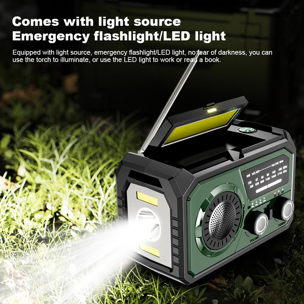 AM/FM/WB NOAA Emergency Weather Radio 16000mAh Bluetooth Speaker Hand Crank/Solar/Type-C Charging Survival Radio LED Flashlight