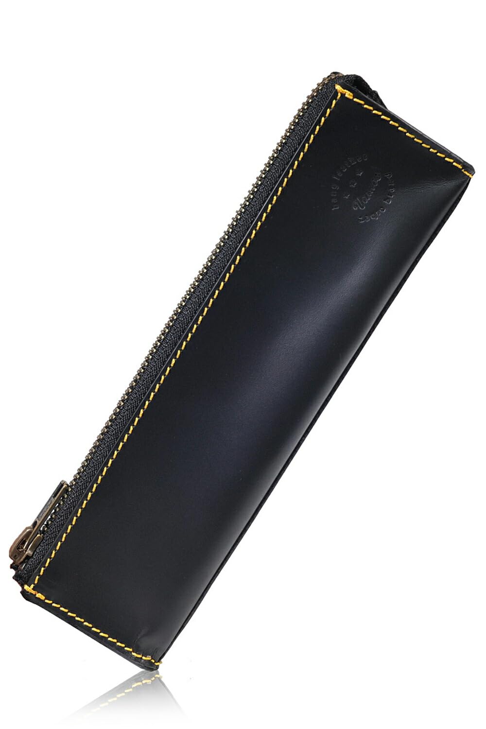 

stylish leather pencil case for men and featuring a large YKK a triangular and a yellow Slim, women, capacity, zipper, design, simple, stitching.