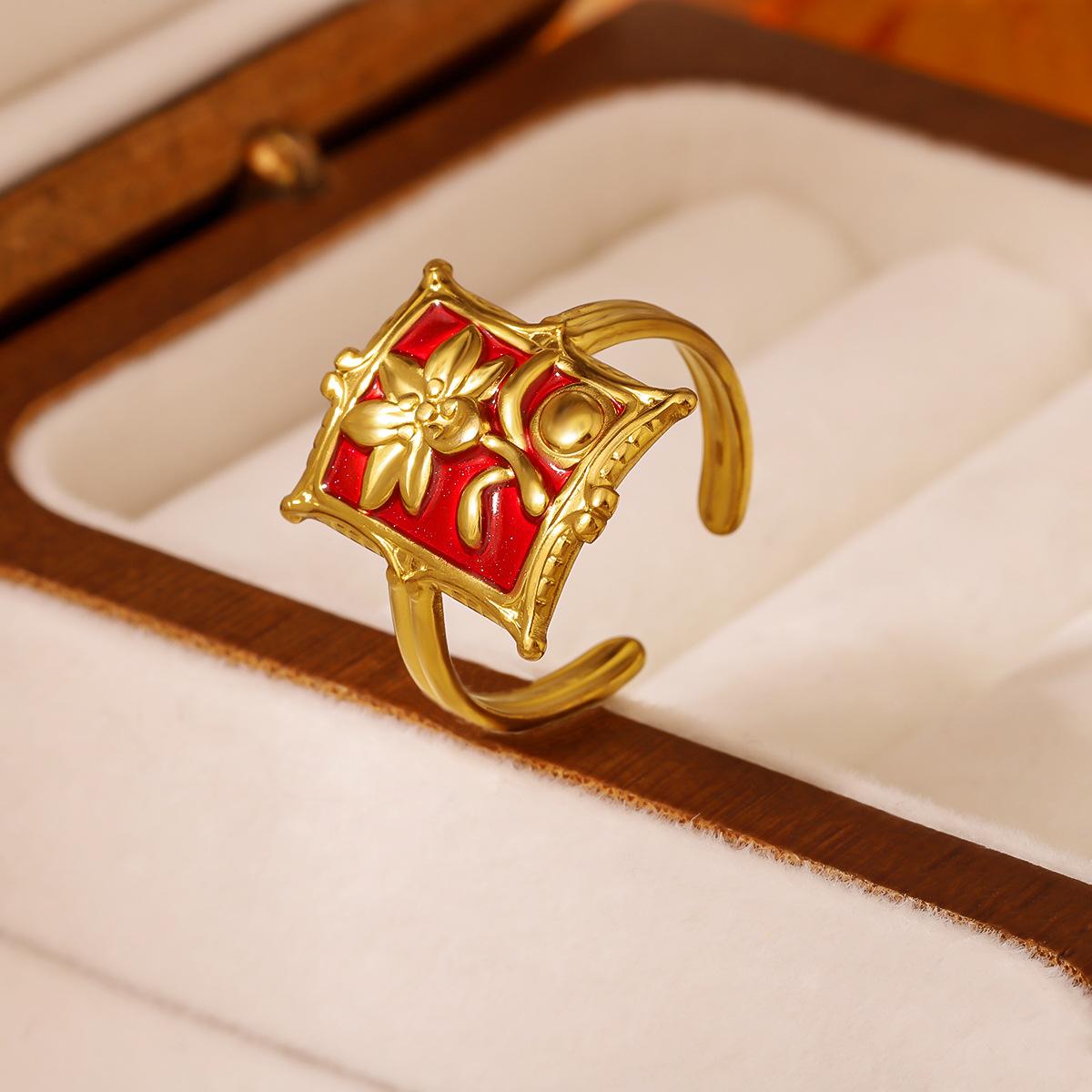 

Retro Stainless Steel Rings Women Dripping Oil Flower Open Adjustable Rings Stylish Non-Fading Banquet Prom Party Zircon Gifts красный
