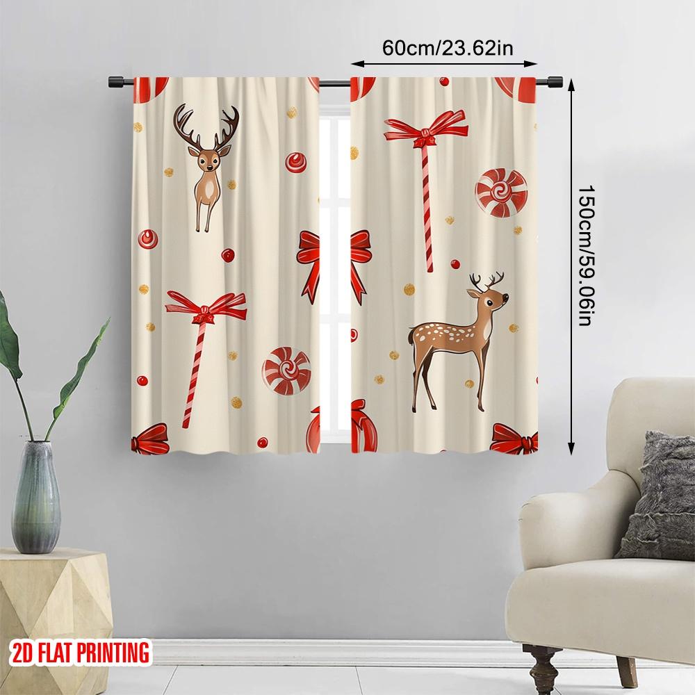 2pcs,2D Plane Printing Popular Curtains Christmas Bows Reindeer Candies Baubles (4) Polyester Woven (without Rod) Holiday
