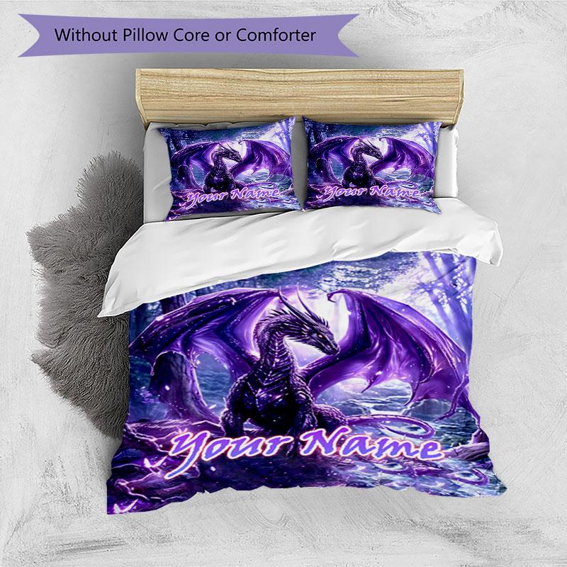 3PC Custom Name Purple Dragon Fantasy Bedding Set Duvet Cover Closure Includes 1 Duvet Cover & 2 Pillowcases for Bedroom