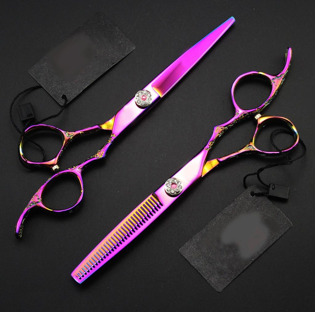 6.0" Pink Plum Blossom Hairdressing & Barber Scissors with Straight and Serrated Shears, Customizable LOGO