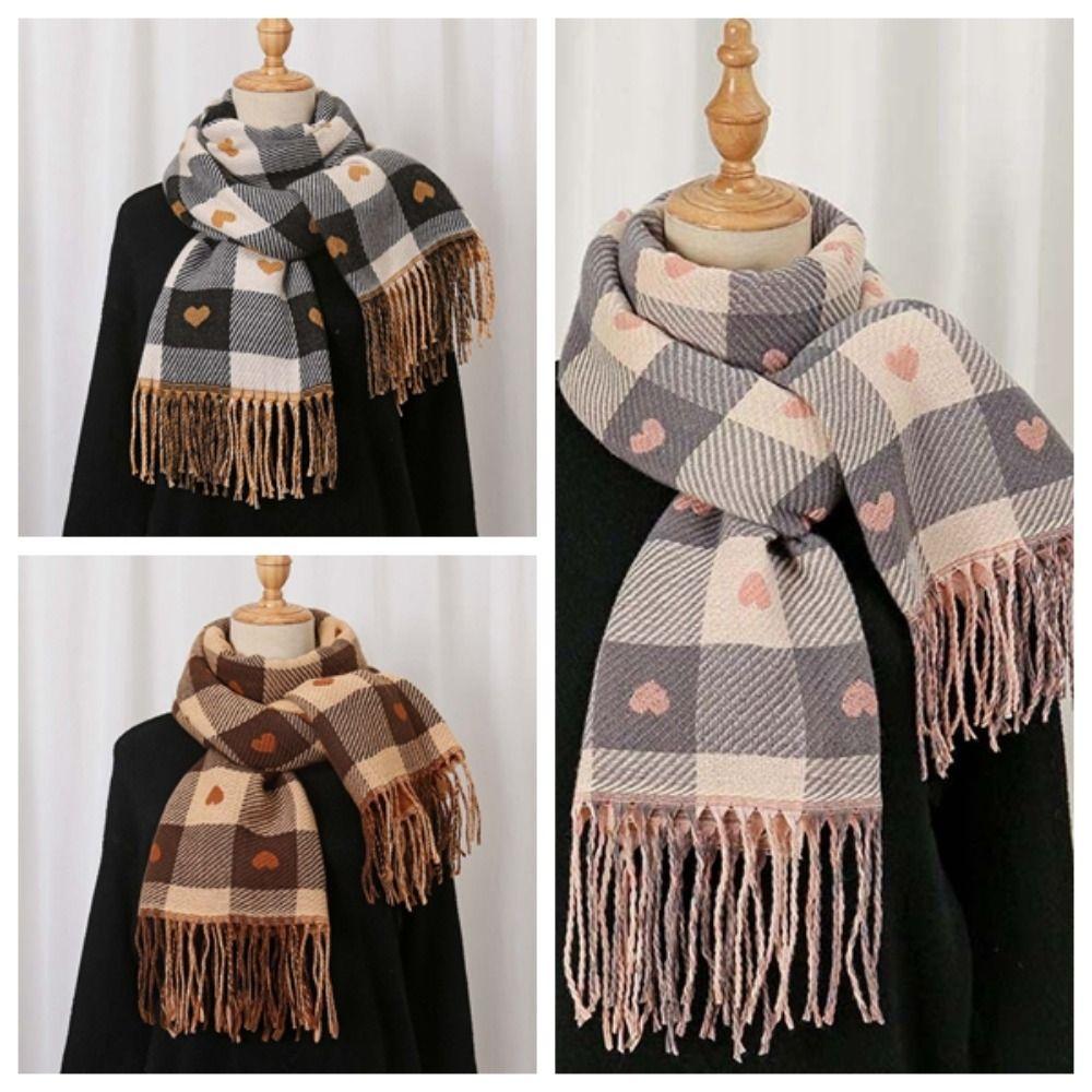 Warmer Plaid Knitted Scarf Long Tassel Shawl Gifts Heart Thickened Scarf  Winter