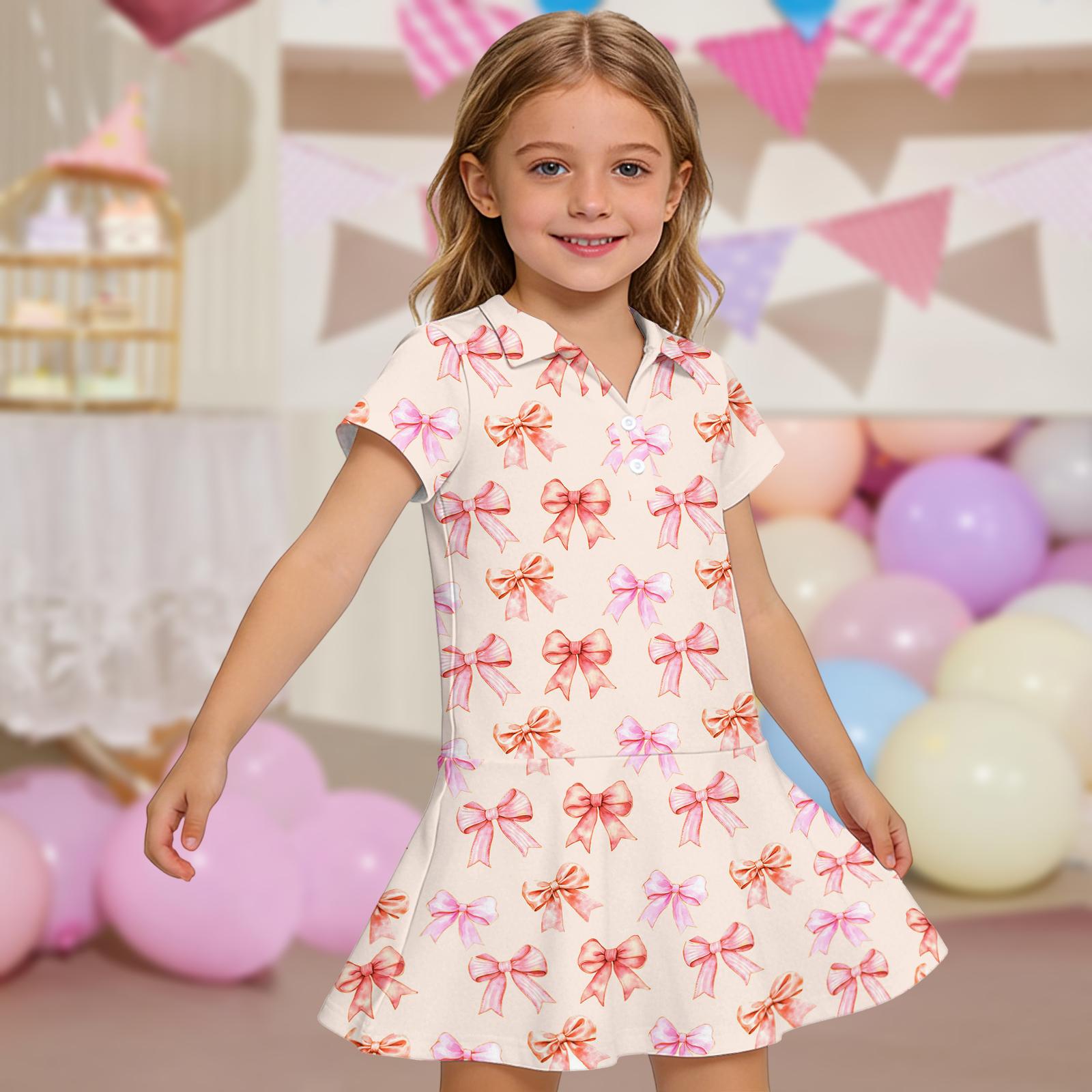 

Girls Short Sleeve Polo Dress with Bow Print and Pockets Casual Lightweight Cotton Blend Dress for Kids 130