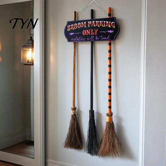 Reusable Holiday Hanging Sign Halloween Broom Parking with 3 Pcs Wooden Witches Brooms, Hocus Pocus Door Themed for Indoor Outdoor Home Wall