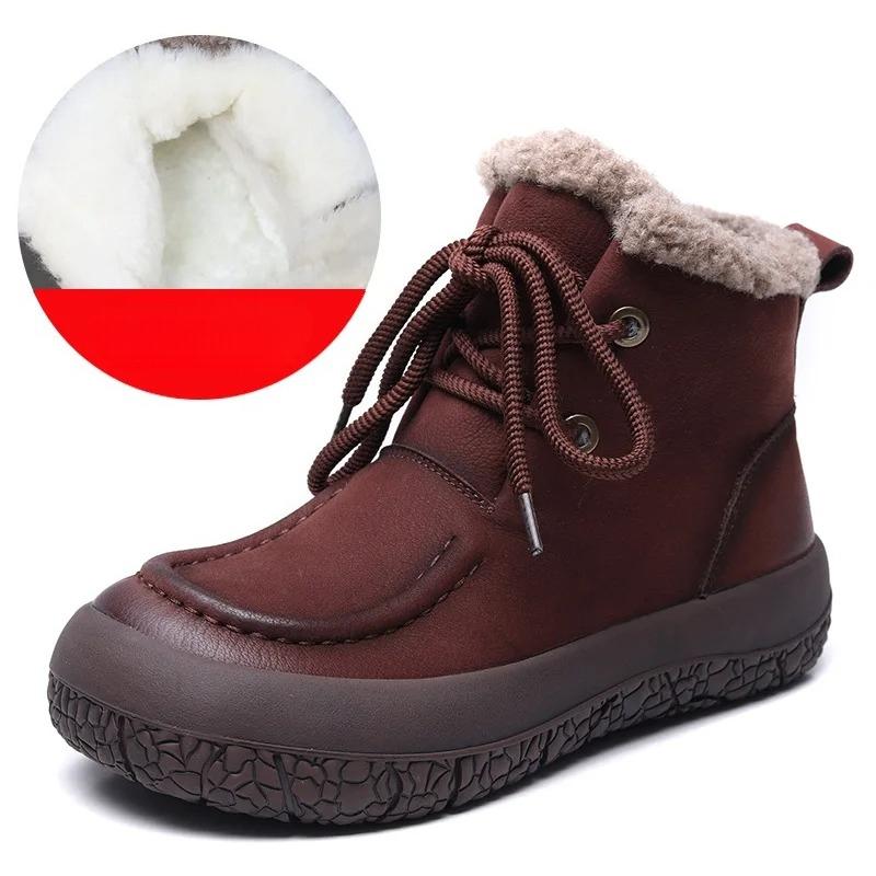 Johnature Botas Curtas de Lã em Couro Genuíno Casuais Quentes e Peludas com Solado Macio Botas de Algodão Femininas