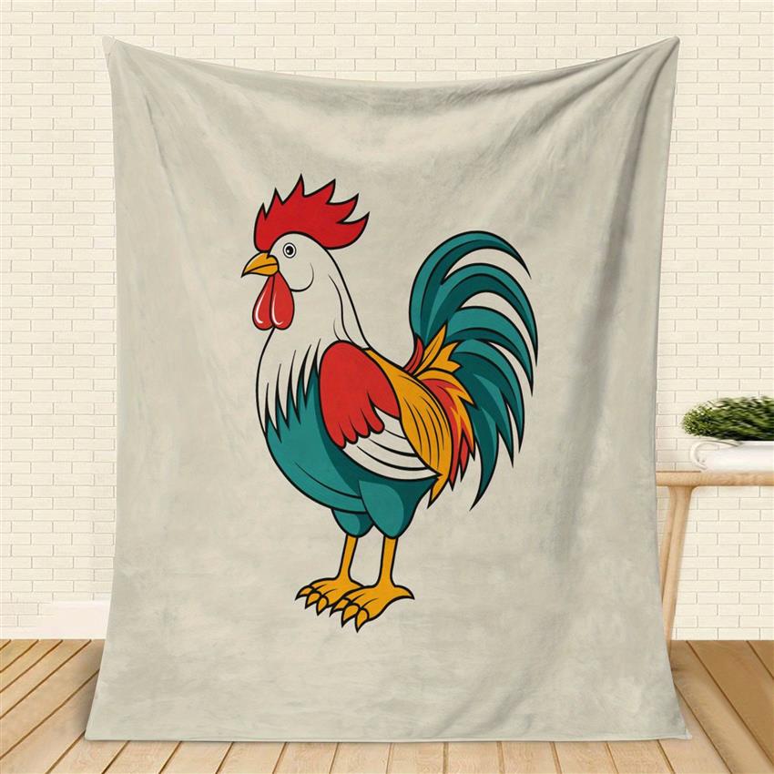 1pc Extra Large Rooster Throw Blanket - Heavy-Duty Flannel - Farmhouse Decor in Red, Golden, Black, White, Green