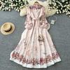 Women's Vintage Floral Print Long Maxi Dress Spring Stand Collar Long-Sleeve Single-breasted Fitted A-Line Dress