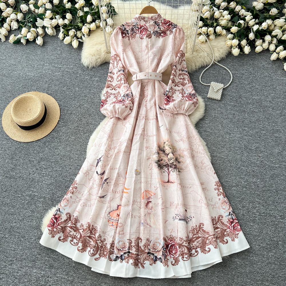 Women's Vintage Floral Print Long Maxi Dress Spring Stand Collar Long-Sleeve Single-breasted Fitted A-Line Dress