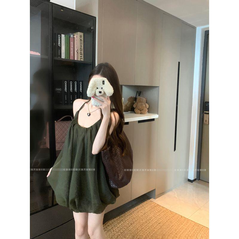 Kumikumi Retro Solid Hanging Neck Sling One Piece Dress Women Clothing Summer Niche Chic Slimming Flower Bud Skirt Short Dress