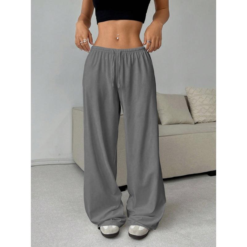 European and American women's clothing solid color trousers elastic waist lace-up wide-leg casual pants