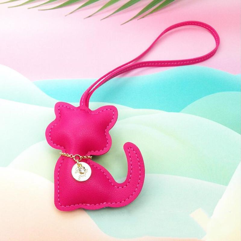 Fashion PU Leather Cat Pendant Keychain Cute Animal Keyring Women Bag Charm Handbag Hanging Decoration For Girl Gifts