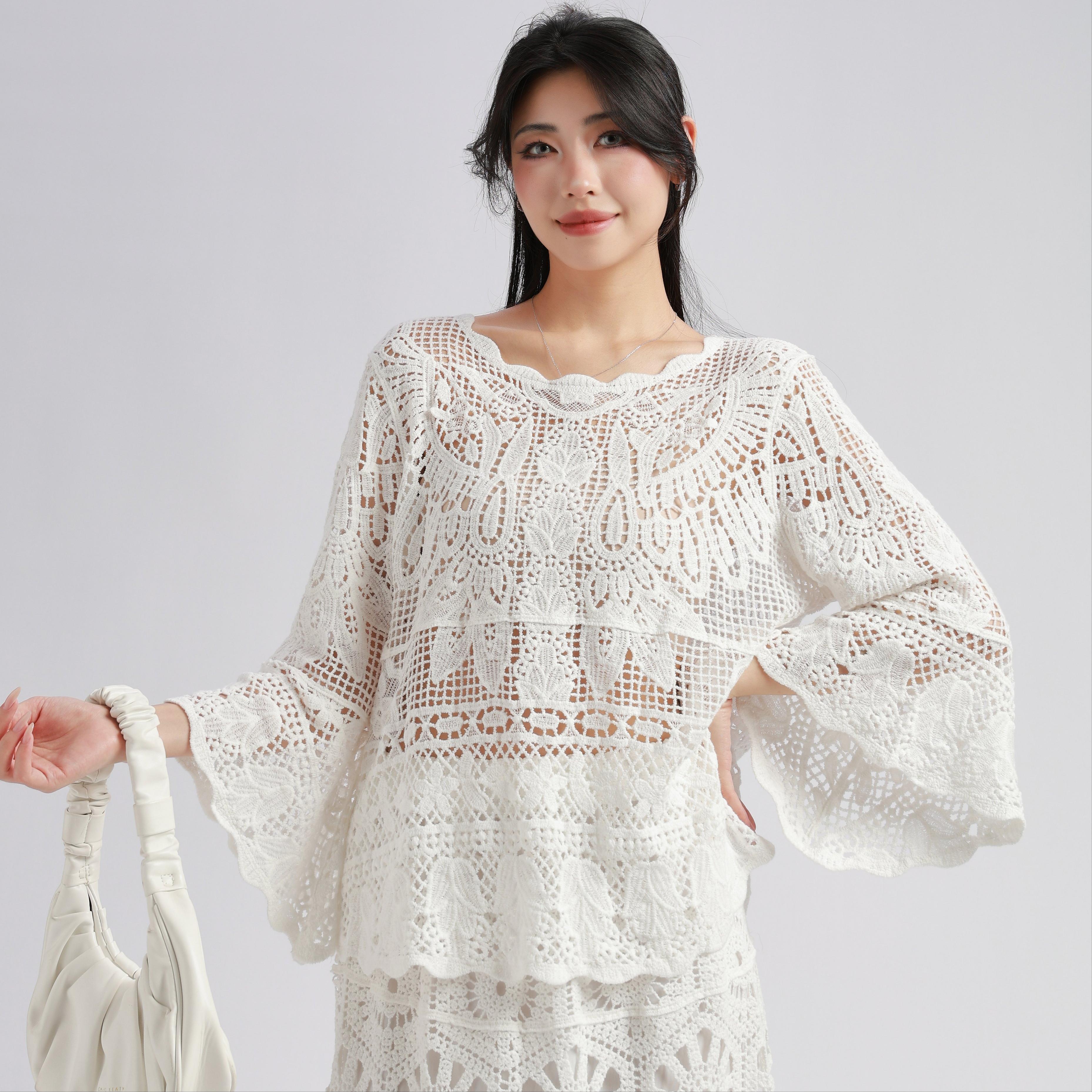 

DIMANAF 2025 Новая Летняя Базовая Рубашка Женская Блузка Летучая Мышь Топы Футболки Кружевная Свободная Белая Короткая Футболка One Size белый