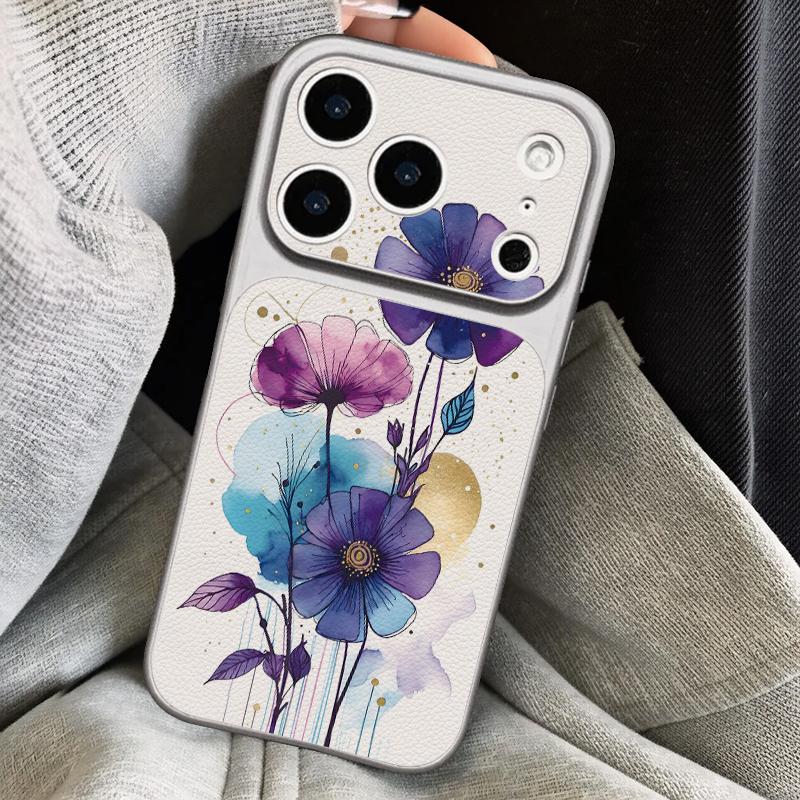 INS Watercolor Floral Leather Lanyard Case For iPhone 18 Pro Max 17 16 15 14 13 Pro Max Luxury Hybrid TPU+PU Anti-skid Soft Phone Cover