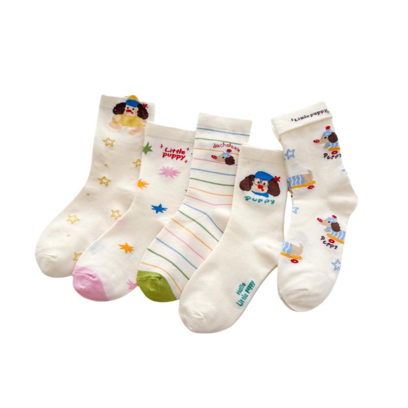 Women's Mid-calf Socks, Pure Cotton Spring and Autumn Thin Pile Socks, Trendy Socks, Cotton Socks, Summer Cartoon Striped Dachshund