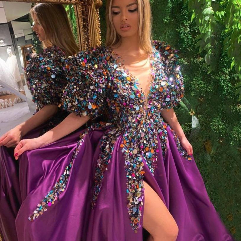 2025 Spring European & American Women's Floral Sequined V-neck Evening Gown