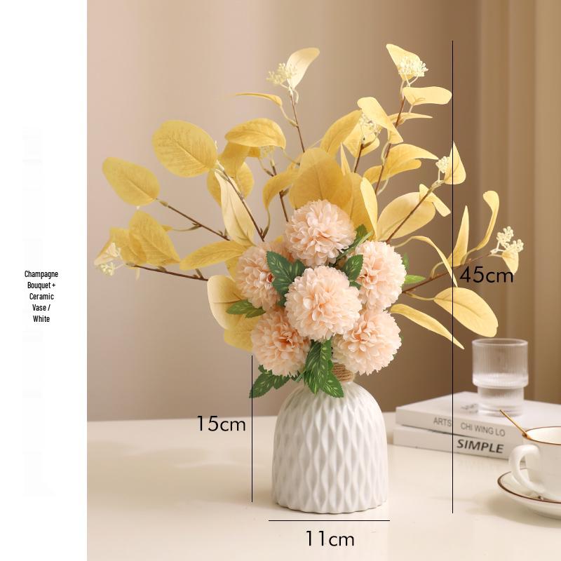 Eucalyptus Ball Chrysanthemum Bouquet in Ceramic Vase - Artificial Dried Flowers for Living Room or Dining Table Decor
