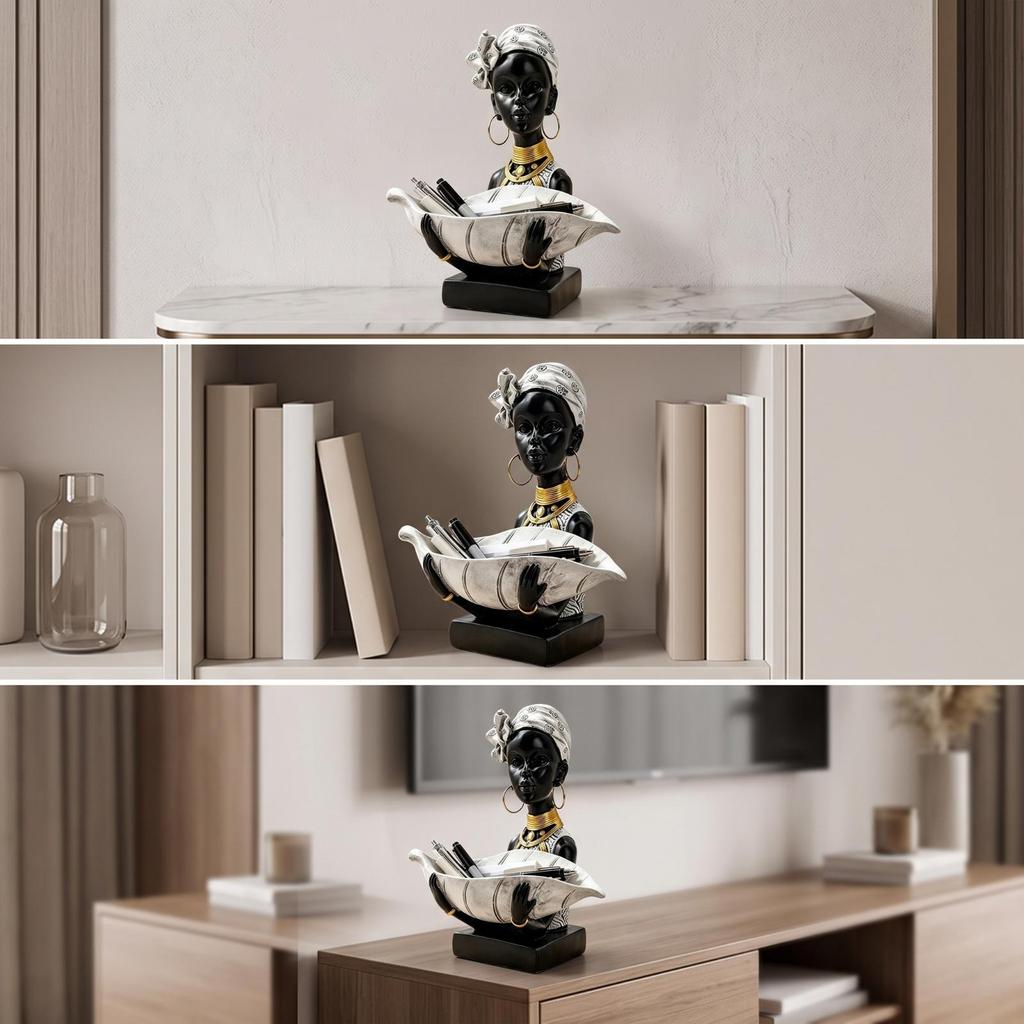 Decorative African Woman Figurine with Basket Multipurpose