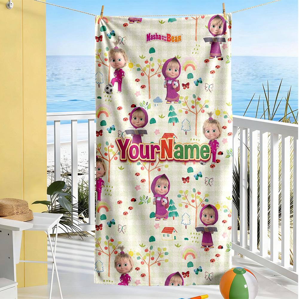 Masha Bear Personalized Name Beach Towel Soft Durable Quick-Dry Suitable for Swimming Gym Camping Yoga Vacation