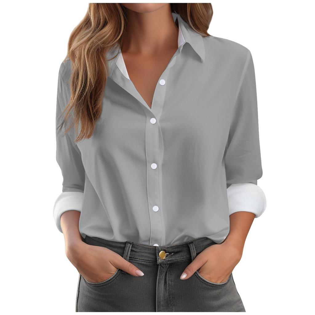 Camicie alla moda larghe da donna Camicie a maniche lunghe con colletto a fascia tinta unita Top slim