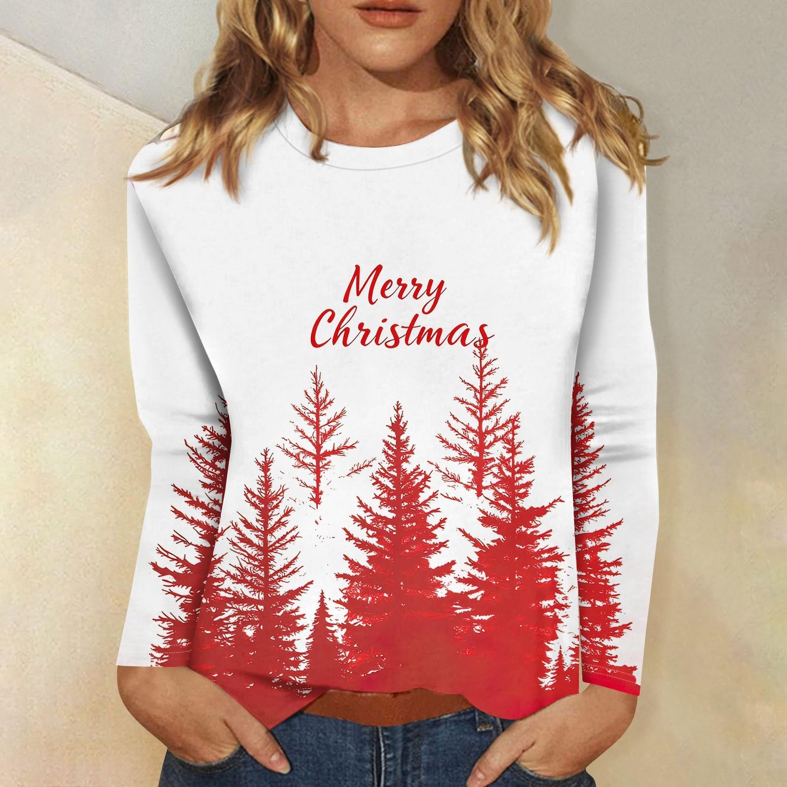 

Женская мода повседневный рождественский принт круглый вырез длинный рукав пуловер топ M белый