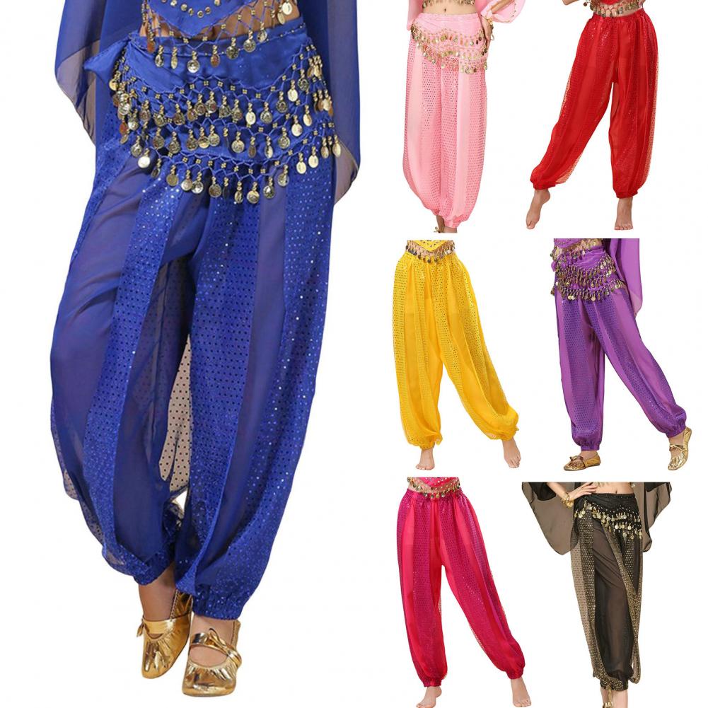 Damen Performance-Hose, elastische hohe Taille, einfarbige Pumphose mit Paillettendekor, Volkstanz, Bauchtanz-Kostümhose für Erwachsene