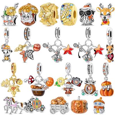 Copper Golden Autumn Series Charms Maple Leaves Pendants Pumpkin Beads Fit Original Bracelet Diy Jewelry Gift