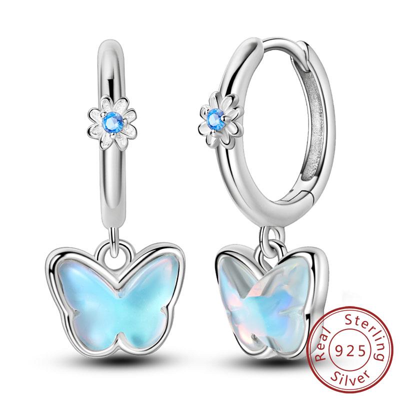 New 925 Silver Hoops Earrings Colorful Flower Butterfly Bee Drop Earring For Women Birthday Party Fashion Jewelry Gifts