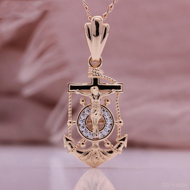 Fashion Hollowed Out Creative Boat Anchor Pendant Necklace Artificial Zircon Rose Gold Color Italian Craft Retro Style Necklace