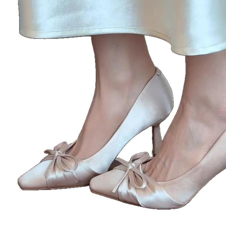 Bow High Heels Women's 2025 Spring and Summer New Pointed Temperament Party Light Mouth Beige Stiletto Single Shoes