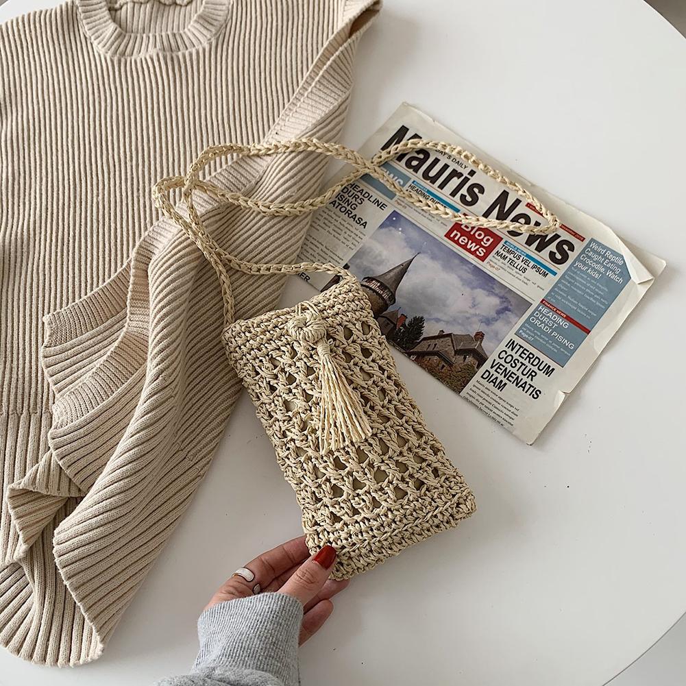Female Vintage Straw Rope Hand-woven Crossbody Phone Bag Vacation Mini Purse