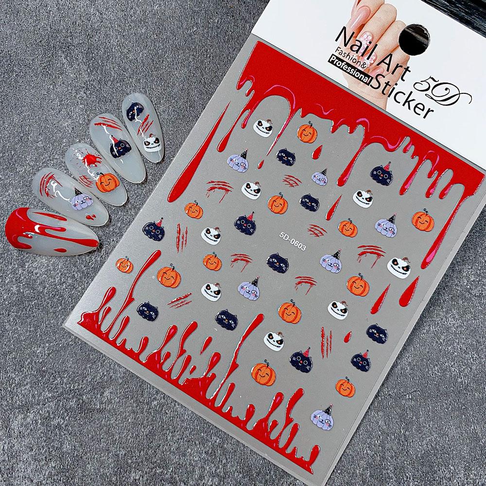 1pcs Bloody Hand Halloween Nail Sticker 5D Embossed Scary Blood Red Blood Nail Decals Halloween Party Self Adhesive Nails Decora