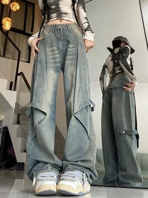 Pantalones vaqueros elegantes de cintura alta vintage americanos azules Moda para mujer Y2K Ropa de calle Pantalones de pierna ancha Mujer 90s Deisign Sense Casual Baggy Denim Pantalón