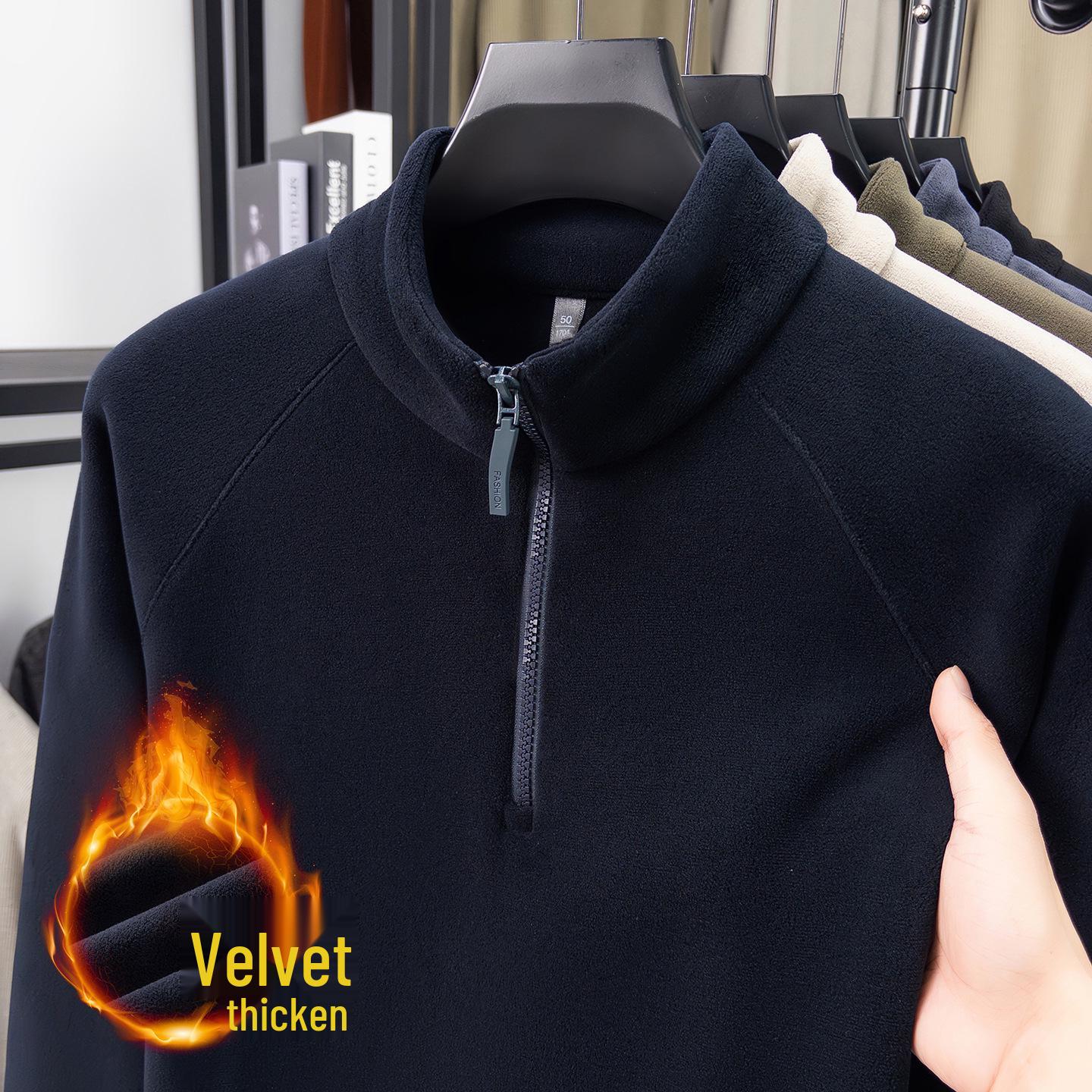 Men s Self-Heating Wool Hoodie with Plus Velvet, Half Zip, Stand Collar, Heavyweight Winter Base Layer Top L (120-140 Jin)