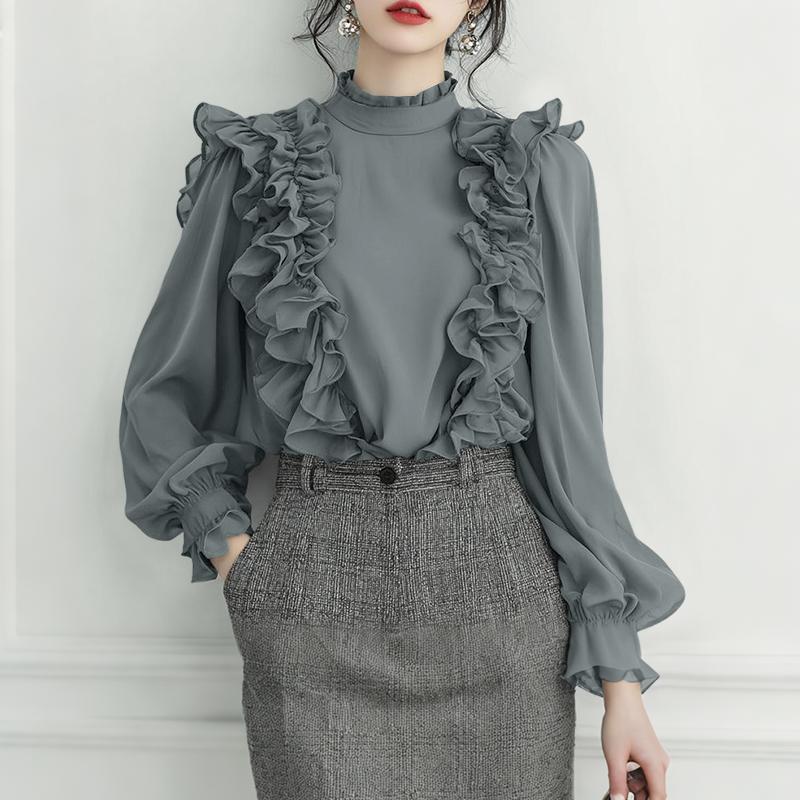 ZANZEA Blouse Décontractée Femme Col Montant Manches Longues Volants Épissure Ample