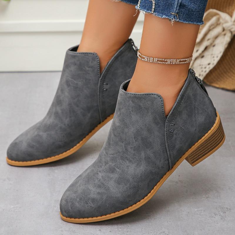 Large size leather boots women's boots solid color thin pointed rear zipper casual thick sole thick heel Martin boots women's single