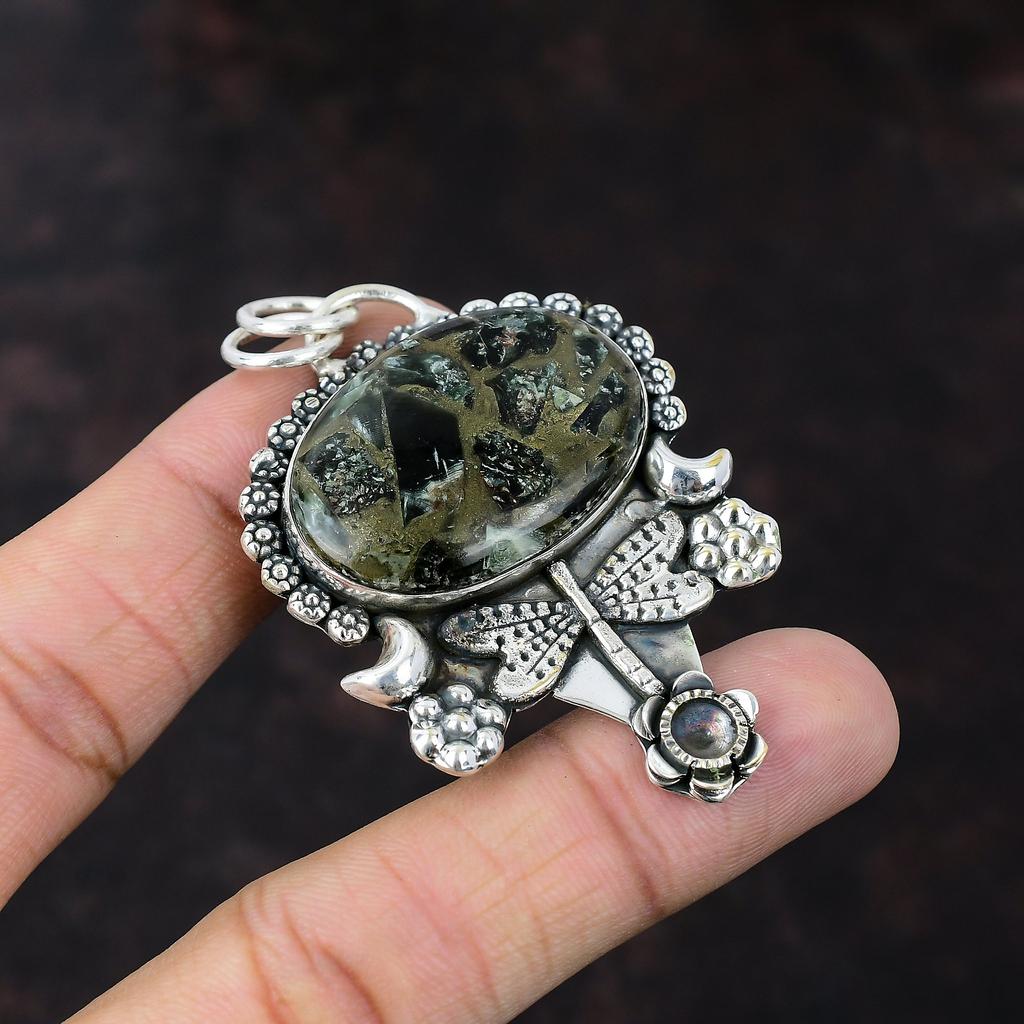 Copper Seraphinite Pendant Real Gemstone Jewelry 925 Sterling Silver Pendant Handmade Jewelry Dragonfly Pendant Gift For Mom Amazing Jewelry