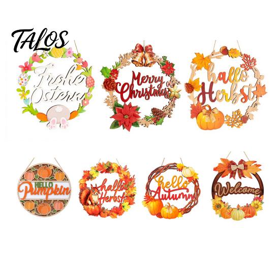 Country Style Porch Sign Autumn Harvest Wooden Wreath Pendant, Front Door Hanging Ornaments with Hemp Rope, Natural Wood Hello Plaque Pumpkins