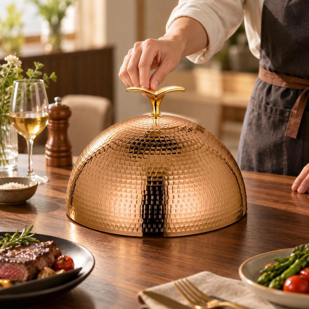 Reflective Rose Gold Domed Plate Cover Dishwasher Safe Hammered Food Dome with