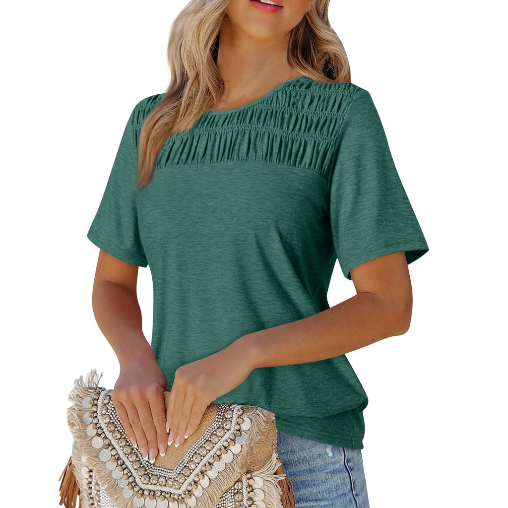 Women's Solid Color Range Round Neck Loose Short Sleeve T-shirt Pleated Top
