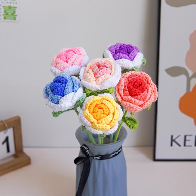 40cm Rose Knitted Yarn Bouquet Artificial Flower for Valentine's Day Bride Wedding Decor Home Decoration Easter Flower Accessory