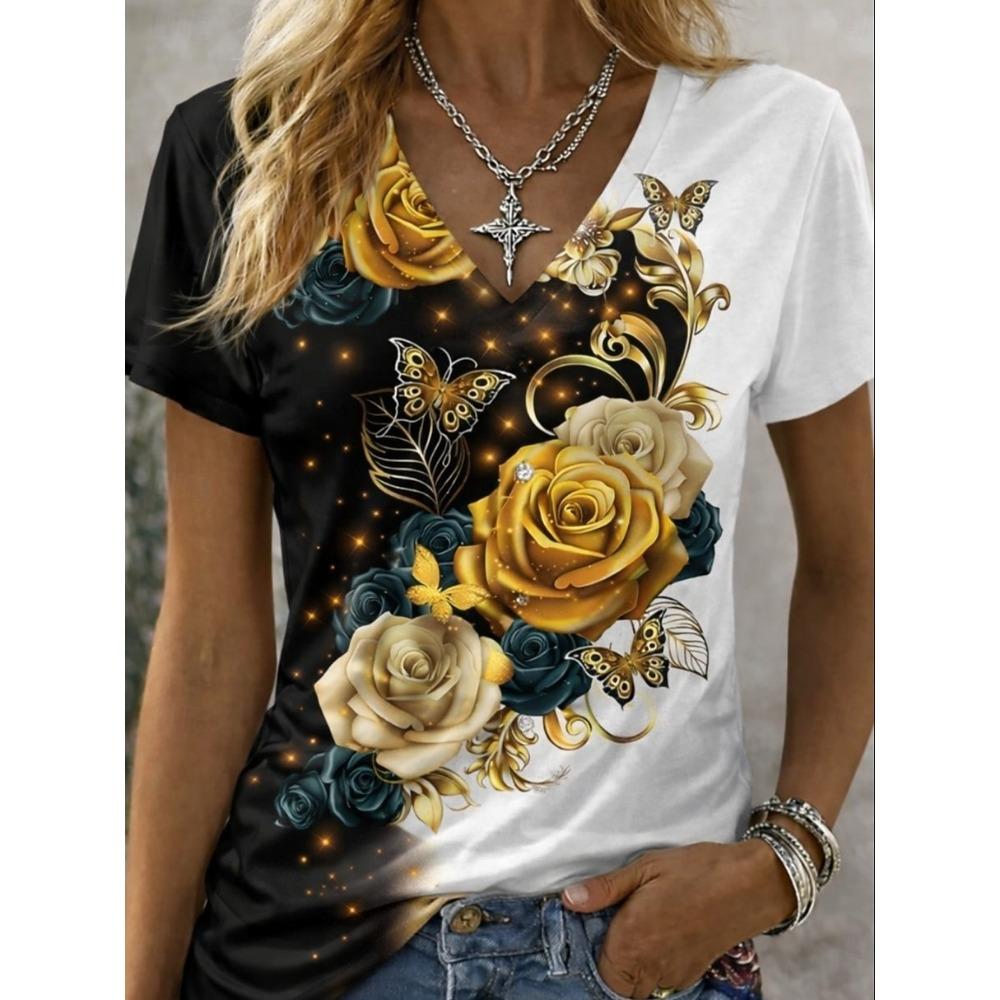 

Women s T Shirt Color Block Print Graphic Animal Abstract Vintage Stylish Classic Short Sleeve V Neck Regular Tops Daily Weekend Blue 5XL