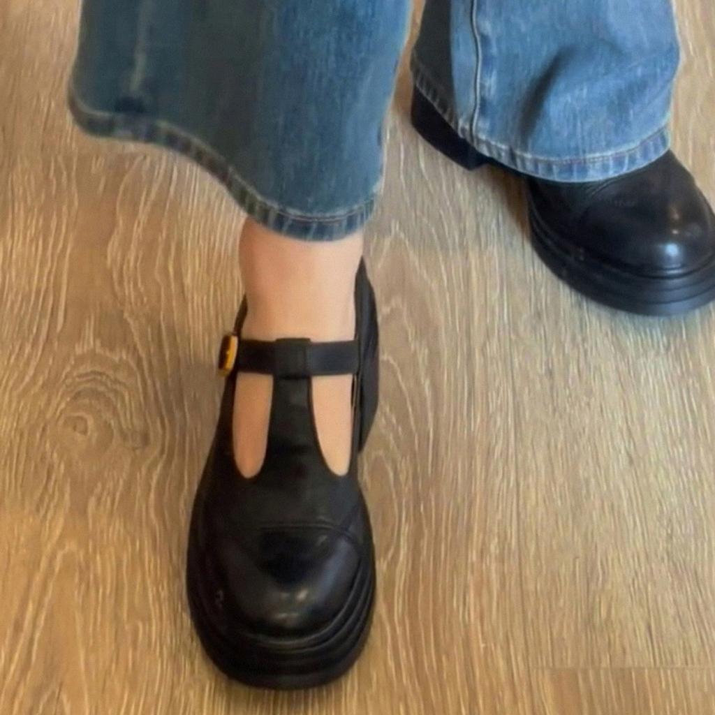 Kravská kůže~ Pravá kůže silná podrážka Mary Jane dámské boty černé vysoké podpatky silný podpatek retro francouzské jednopřezkové boty zvyšující malé kožené boty