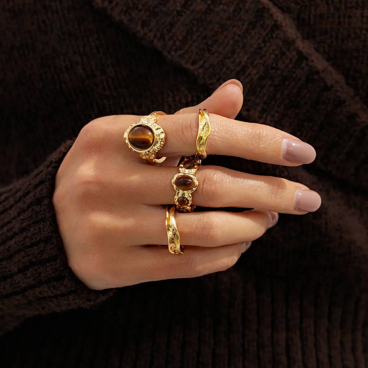 Salircon 4 шт./комплект Винтажное Коричневое Овальное Каменное Открытое Кольцо Женское Неправильное Регулируемое Кольцо на Палец Ежедневное Ношение Эстетичные Украшения Подарок