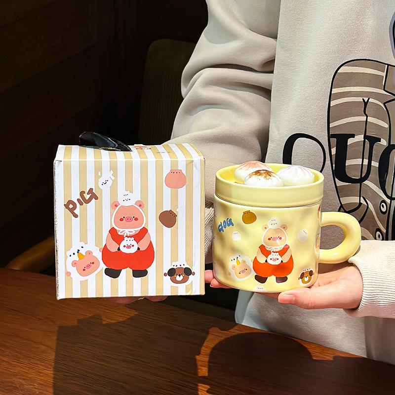 

Xiaolongbao Mug with Lid Ceramic Cup for Women Cute Creative Hand Handle Home Birthday Gift Souvenir Cup 320ML