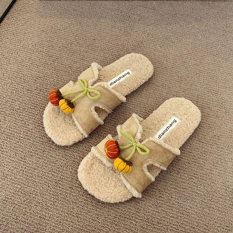 2025 autumn and winter open-toed double one-word with metal buckle Mao Mao shoes flat-soled fashionable versatile soft-soled women's casual slippers