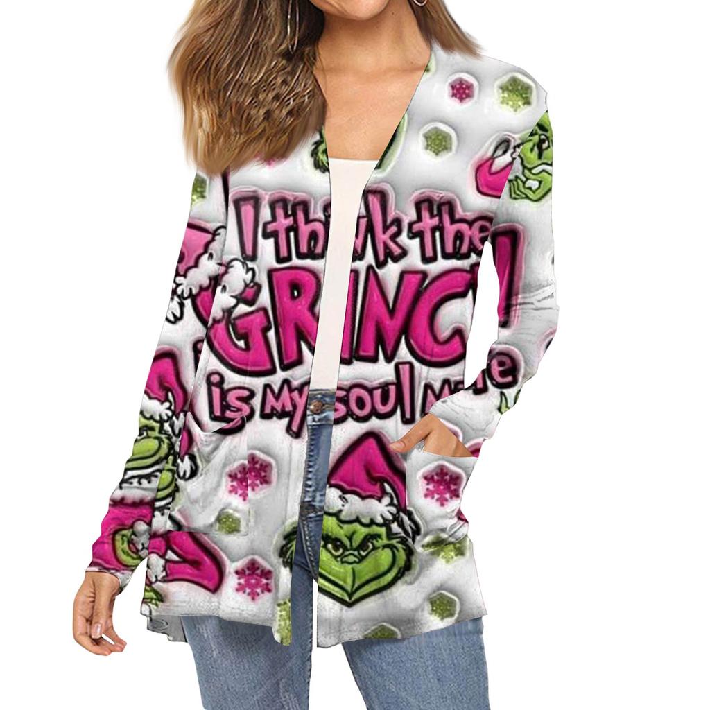 Women's Fashion Christmas Print Long-Sleeved Pocketed Slim-Fit Cardigan Coat
