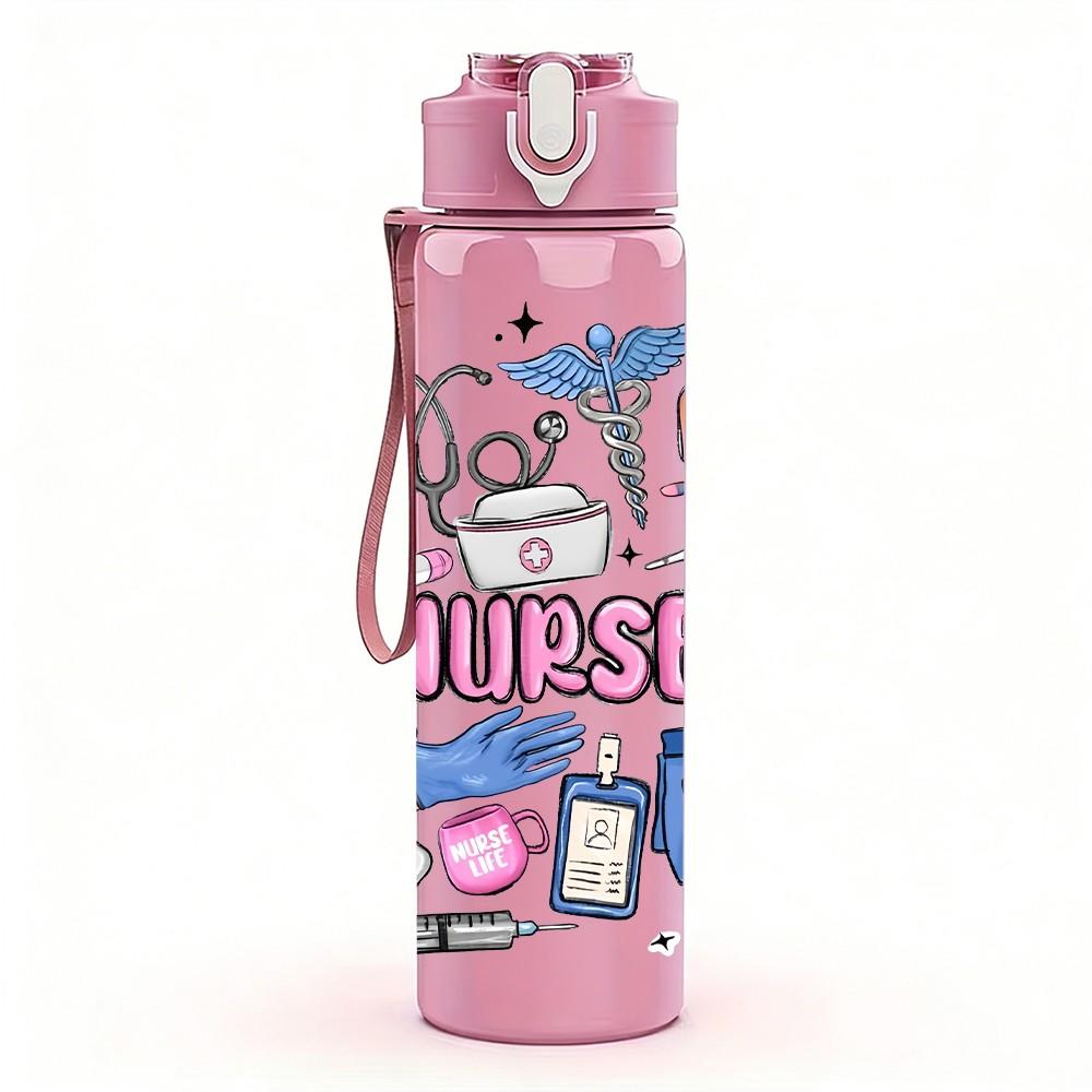 1PC Messy Nurse Work Doodle Cartoon Print 750ml Color Plastic Sports Water Bottle Leakproof Flip Straw Lid Suitable for Sports Office Home Use